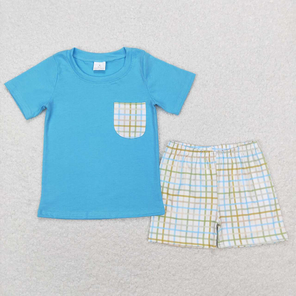 Baby Boys Easter Green Checkered Pocket Tee Shorts Clothes Sets