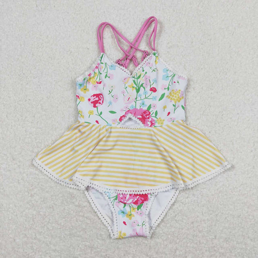 Baby Girls Pink Flowers Yellow Stripes Ruffle One Piece Swimsuits