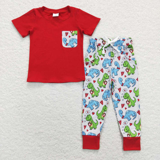 Baby Boys Valentines Dinosaurs Pocket Tee Tops Pants Clothes Sets