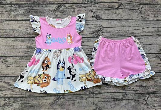 Baby Girls Pink Dog Flutter Sleeve Tunic Top Ruffle Shorts Clothes Sets