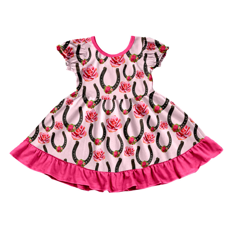 Baby Girls Pink Flowers Horse Shoes Knee Length Dresses preorder(moq 5)