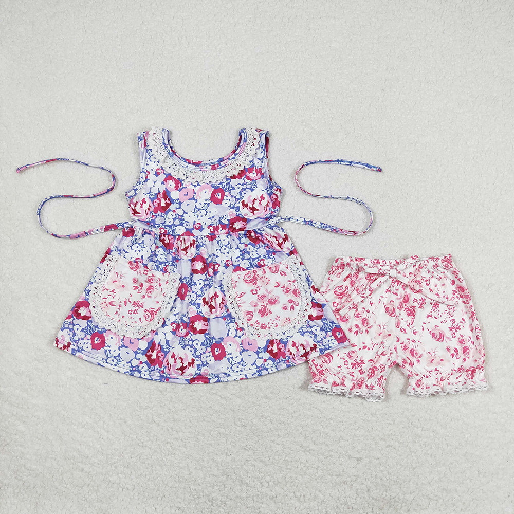 Baby Girls Purple Flowers Pockets Tunic Top Ruffle Shorts Clothes Sets