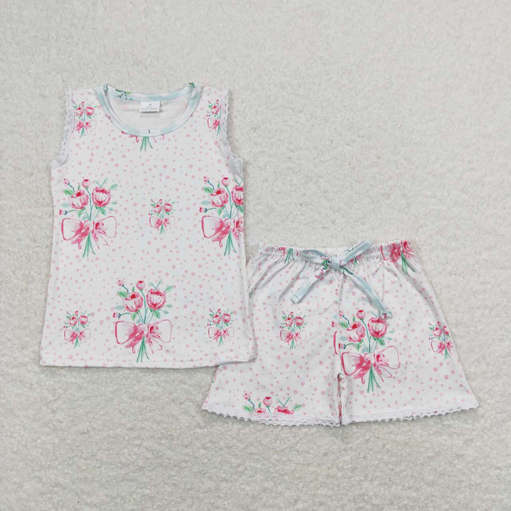 Baby Girls Pink Sleeveless Flowers Shirt Top Shorts Pajamas Clothes Sets