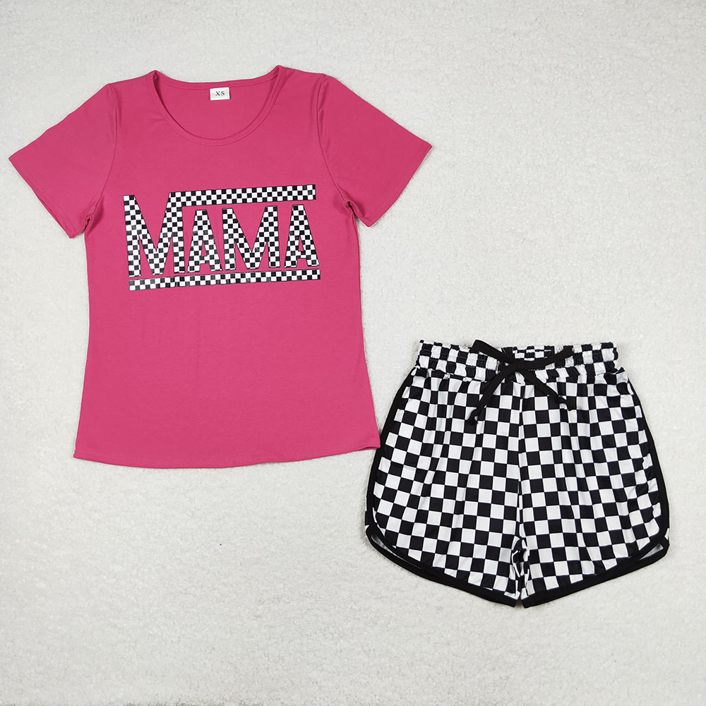 Adult Pink Mama Women Short Sleeve Tee Checkered Shorts Clothes Sets
