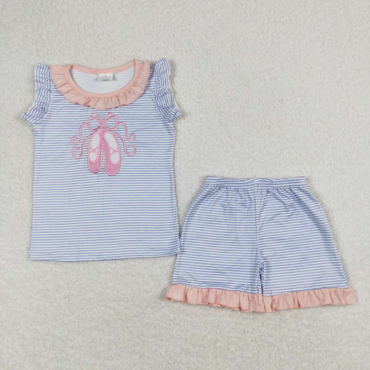 Baby Girls Blue Stripes Shoes Shirt Top Ruffle Shorts Clothes Sets