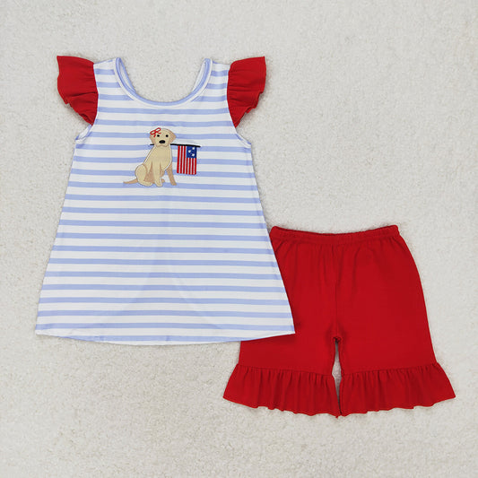 Baby Girls 4th Of July Dog Flag Bow Top Ruffle Shorts Clothing Sets