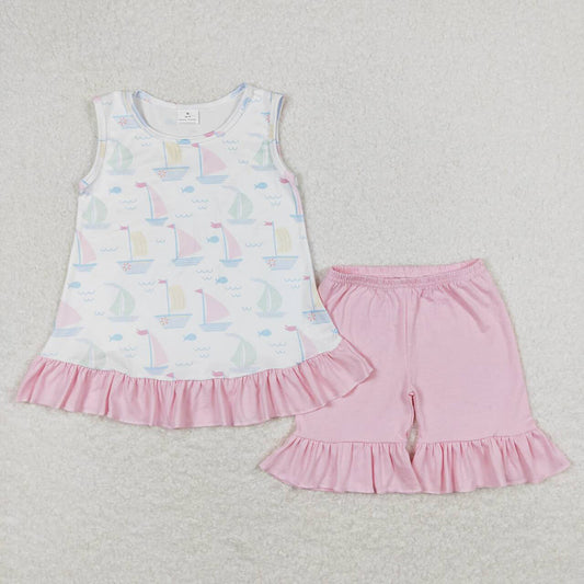 Baby Girls Sail Boats Tunic Shirts Top Summer Shorts Clothes Sets