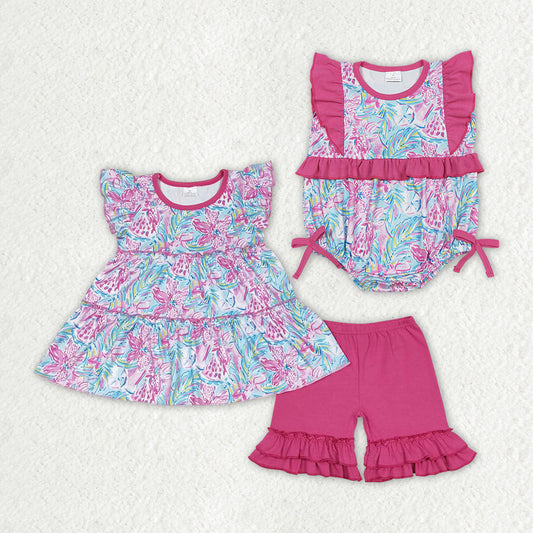 Baby Girls Green Water Flowers Tunic Dark Pink Shorts Summer Rompers Clothes Sets
