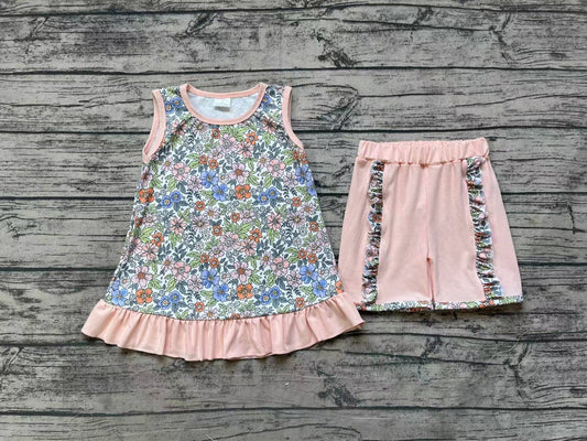 Baby Girls Pink Flowers Tunic Top Ruffle Shorts Clothes Sets
