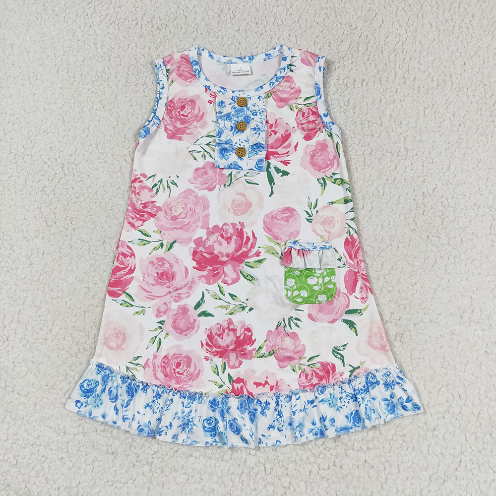 Baby Girls Pink Flowers Sleeveless Knee Length Dresses