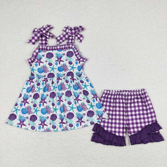 Baby Girls Straps Purple Starfish Tunic Top Ruffle Shorts Clothes Sets