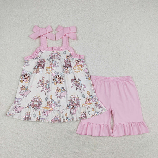 Baby Girls Cartoon Castle Straps Tunic Top Ruffle Shorts Clothes Sets
