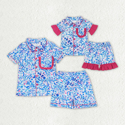 Mommy and Me Water Paisley Ruffle Shirt Shorts Pajamas Clothes Sets