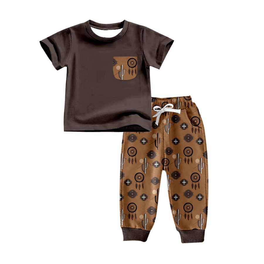 Baby Boys Cactus Brown Western Pocket Shirt Pants Clothes Sets preorder(moq 5)