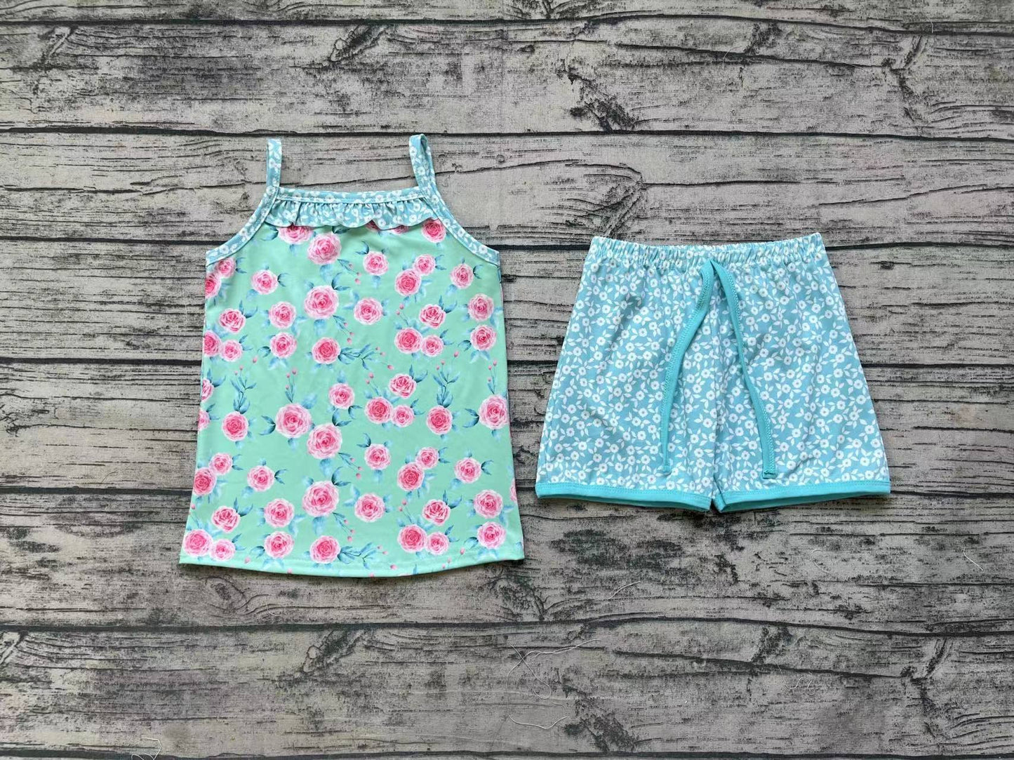 Baby Girls Green Pink Flowers Straps Top Shorts Summer Clothes Sets