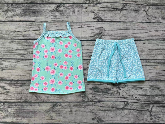 Baby Girls Green Pink Flowers Straps Top Shorts Summer Clothes Sets