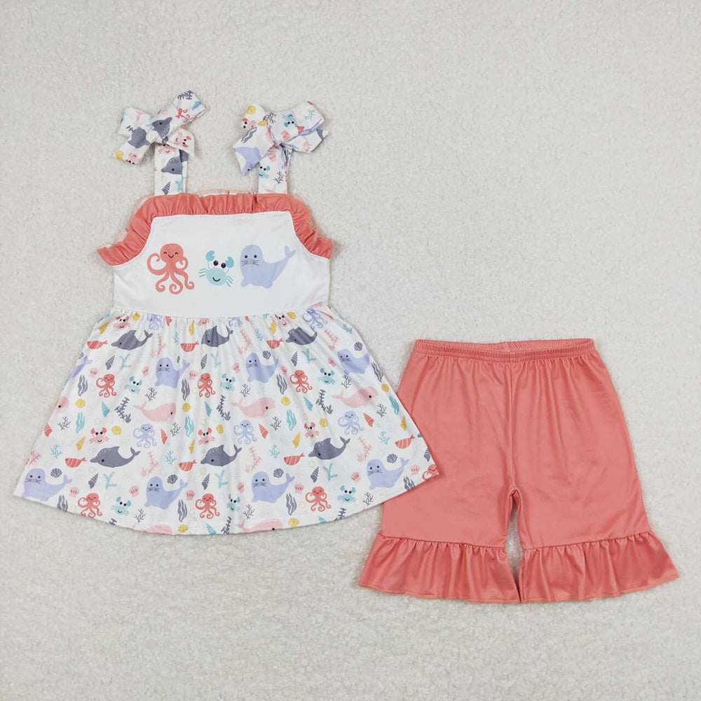 Baby Girls Octopus Crab Sea Lion Tunic Top Ruffle Shorts Clothes Sets