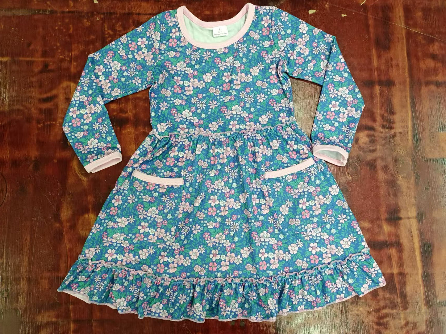 Baby Girls Blue Pink Flowers Pockets Knee Length Dresses preorder(MOQ 5)