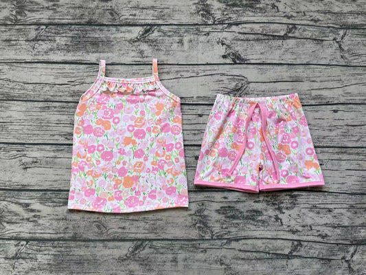 Baby Girls Orange Flowers Straps Top Shorts Summer Clothes Sets