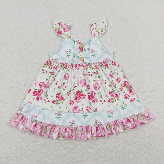 Baby Girls Straps Pink Flowers Ruffle Knee Length Dresses