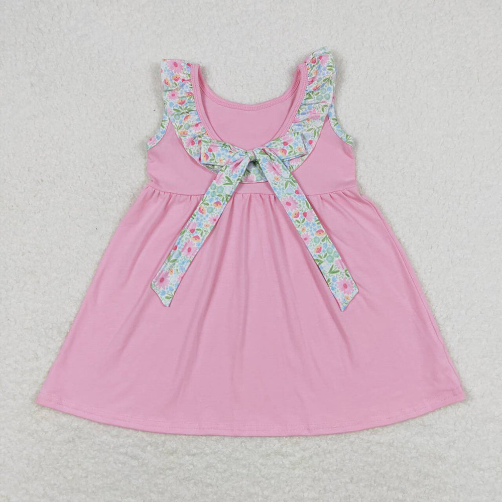 Baby Girls Pink Floral Knee Length Pockets Back Bow Dresses