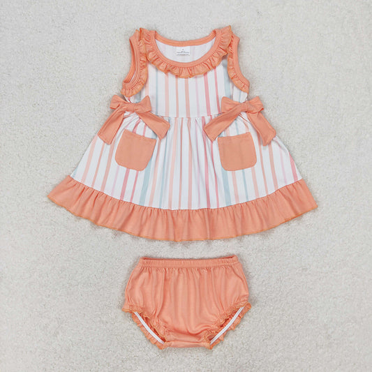 Baby Girls Orange Stripes Sleeveless Top Summer Bummies Clothes Sets