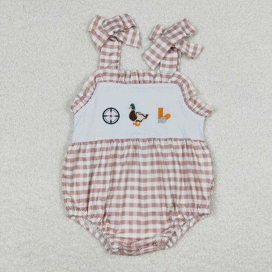 Baby Infant Girls Brown Checkered Duck Rompers