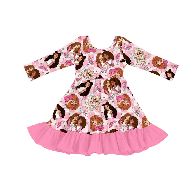 Baby Girls Pink Doll Long Sleeve Ruffle Knee Length Dresses preorder(moq 5)