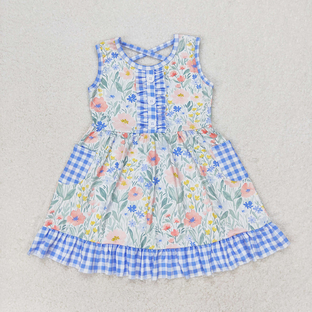 Baby Girls Blue Flowers Checkered Pocket Knee Length Dresses