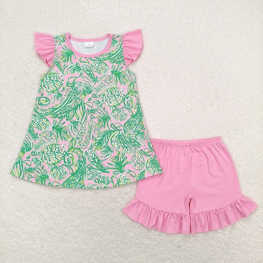 Baby Girls Pink Fishes Tunic Ruffle Shorts Clothes Sets