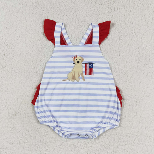 Baby Infant Girls Blue Stripes Dog Flag Straps Summer Rompers