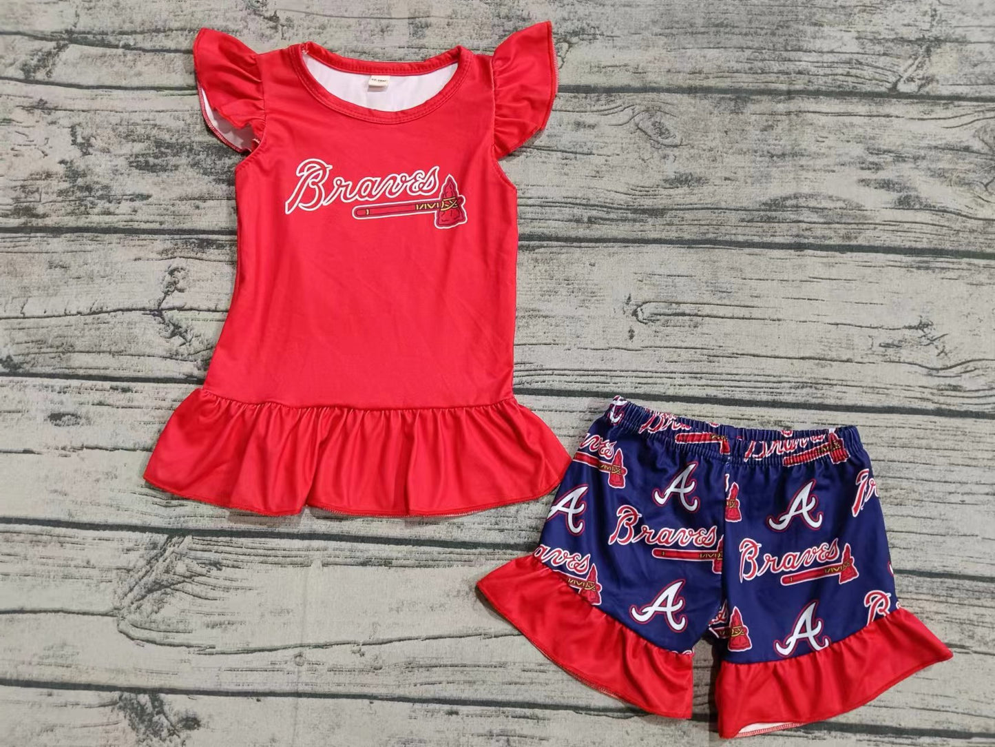 Baby Girls Braves Team Flutter Sleeve Tee Ruffle Shorts Clothes Sets Preorder(moq 5)