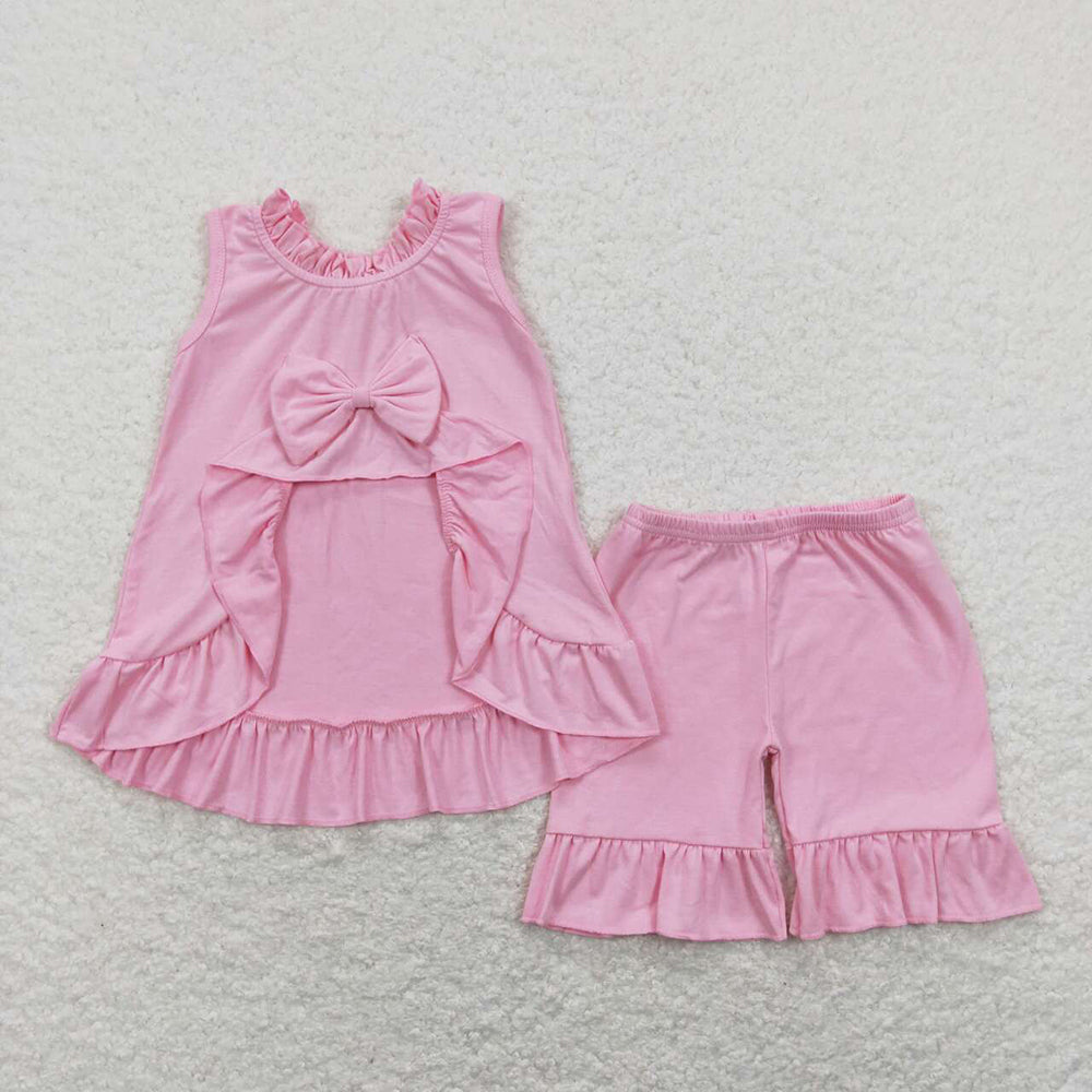 Baby Girls Pink Bow Tunic Tops Ruffle Shorts Clothes Sets