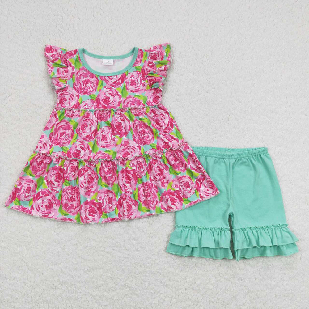 Baby Girls Pink Rose Flowers Tunic Green Shorts Summer Clothes Sets