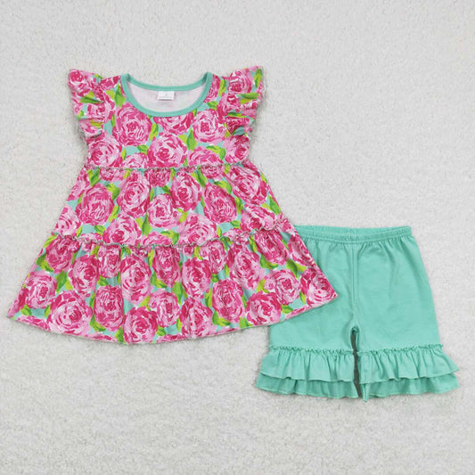 Baby Girls Pink Rose Flowers Tunic Green Shorts Summer Clothes Sets
