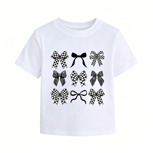 Preorder (moq 5)Baby Girls Short Sleeve Black Checked Bows T-shirts Tops