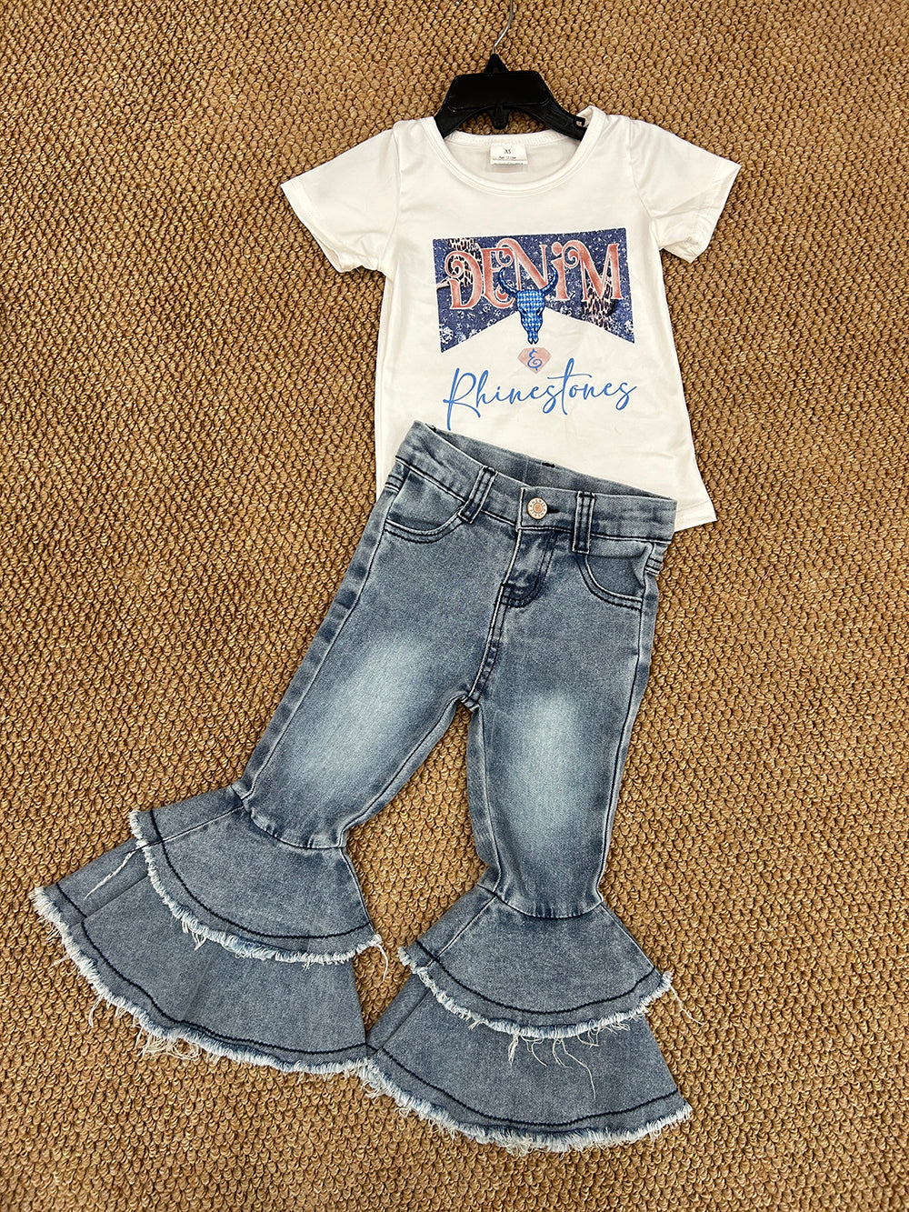 Baby Girls Rhinestone Shirt Navy Bell Denim Pants clothes sets(can choose belt here)