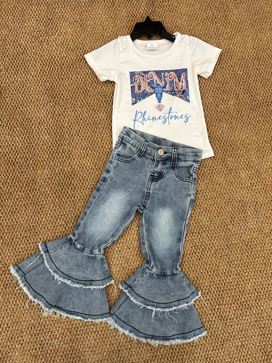 Baby Girls Rhinestone Shirt Navy Bell Denim Pants clothes sets(can choose belt here)
