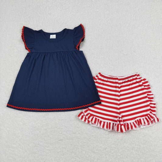 Baby Girls Navy Cotton Tunic Top Ruffle Stripes Shorts Outfits Clothes Sets