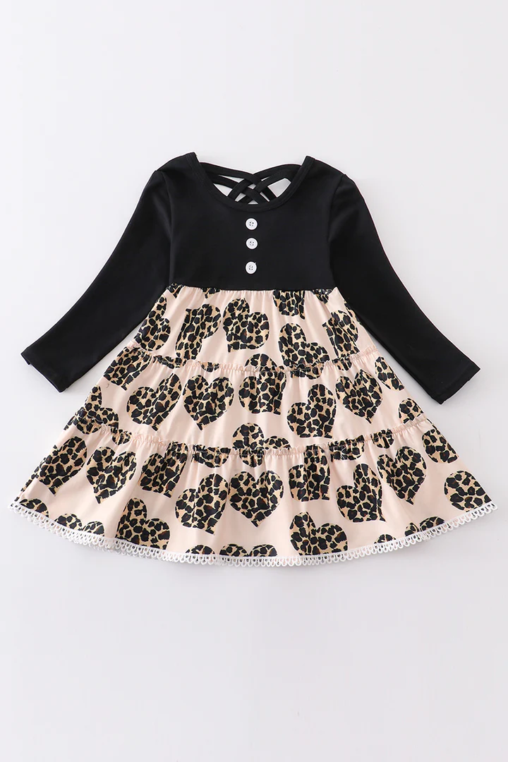 Baby Girls Black Leopard Hearts Valentines Long Sleeve Dresses preorder(moq 5)