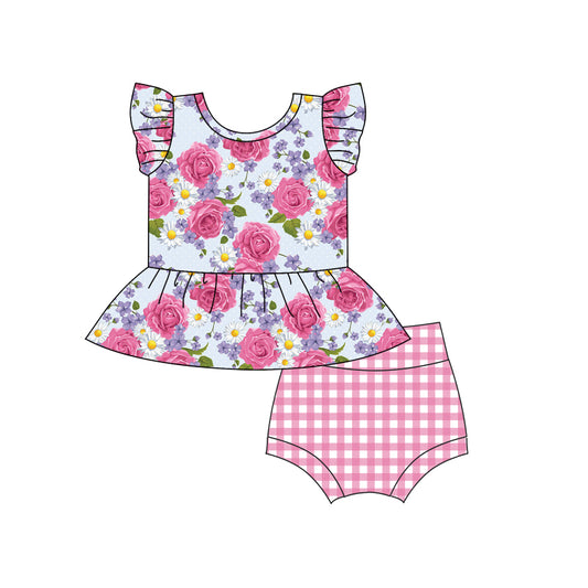 Baby Girls Toddler Pink Flowers Top Bummie Sets preorder(moq 5)