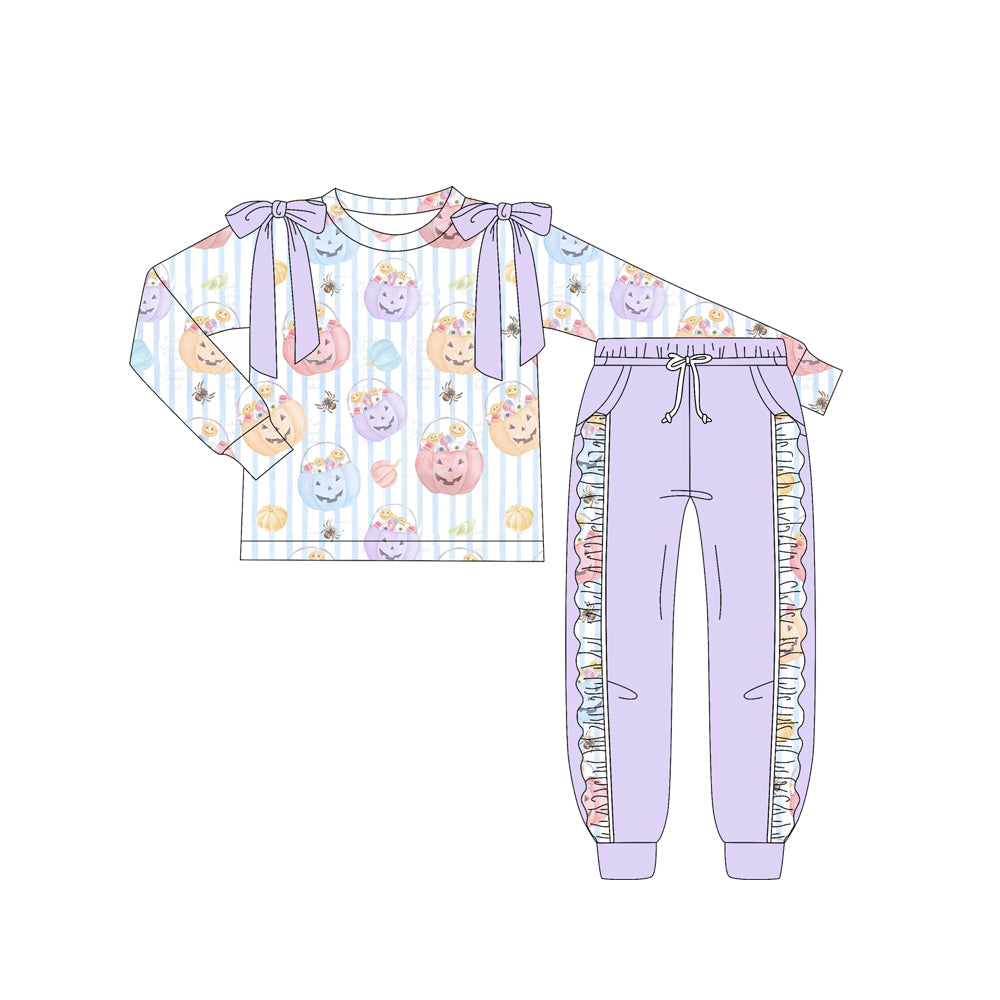 Preorder (moq 5)Baby Girls Long Sleeves Ghost Pumpkins Stripe Top Pocket Leggings Pants Set