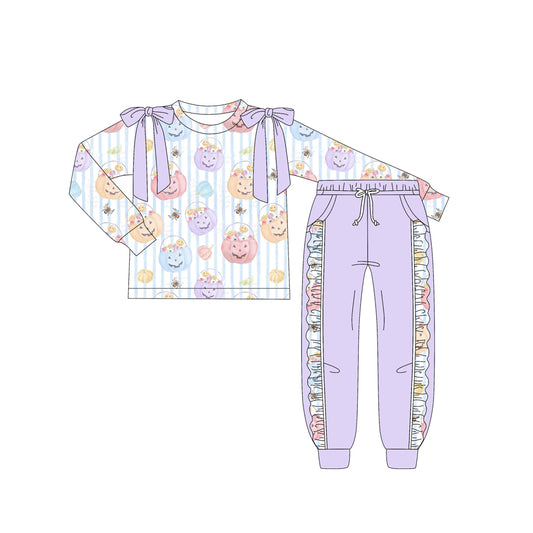 Preorder (moq 5)Baby Girls Long Sleeves Ghost Pumpkins Stripe Top Pocket Leggings Pants Set