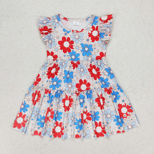 Baby Girls Blue Red Flowers Flutter Sleeve Knee Length Dresses