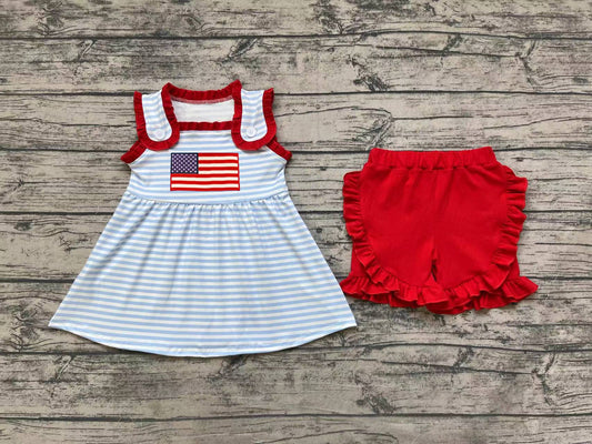 Baby Girls Flag Blue Stripes Tunic 4th Of July Shorts Clothes Sets Preorder