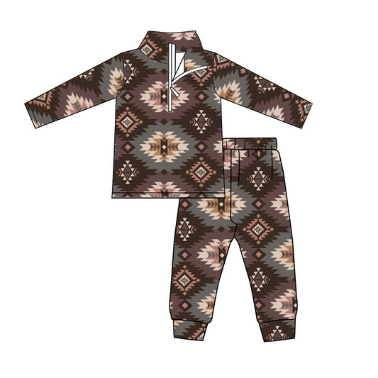 Baby Boys Western Aztec Zip Pullover Tee Pants Clothes Sets preorder(moq 5)