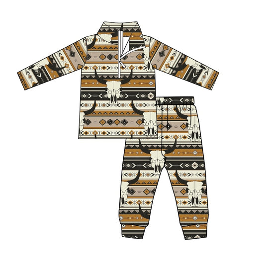 Baby Boys Western Aztec Cow Skull Zip Pullover Tee Pants Clothes Sets preorder(moq 5)