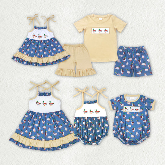 Baby Girls Boys Duck Embroidery Sibling Rompers Clothes Sets