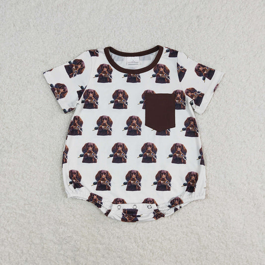 Baby Infant Boys Dog Hunting Short Sleeve Pocket Rompers