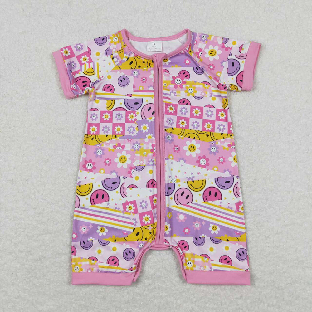 Baby Infant Girls Pink Flowers Smile Zip Rompers